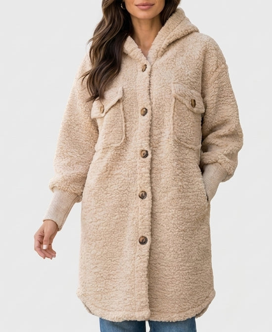 
Sherpa Jacket w/ Knit Ribbed Sleeves & Hood in BEIGE view 1