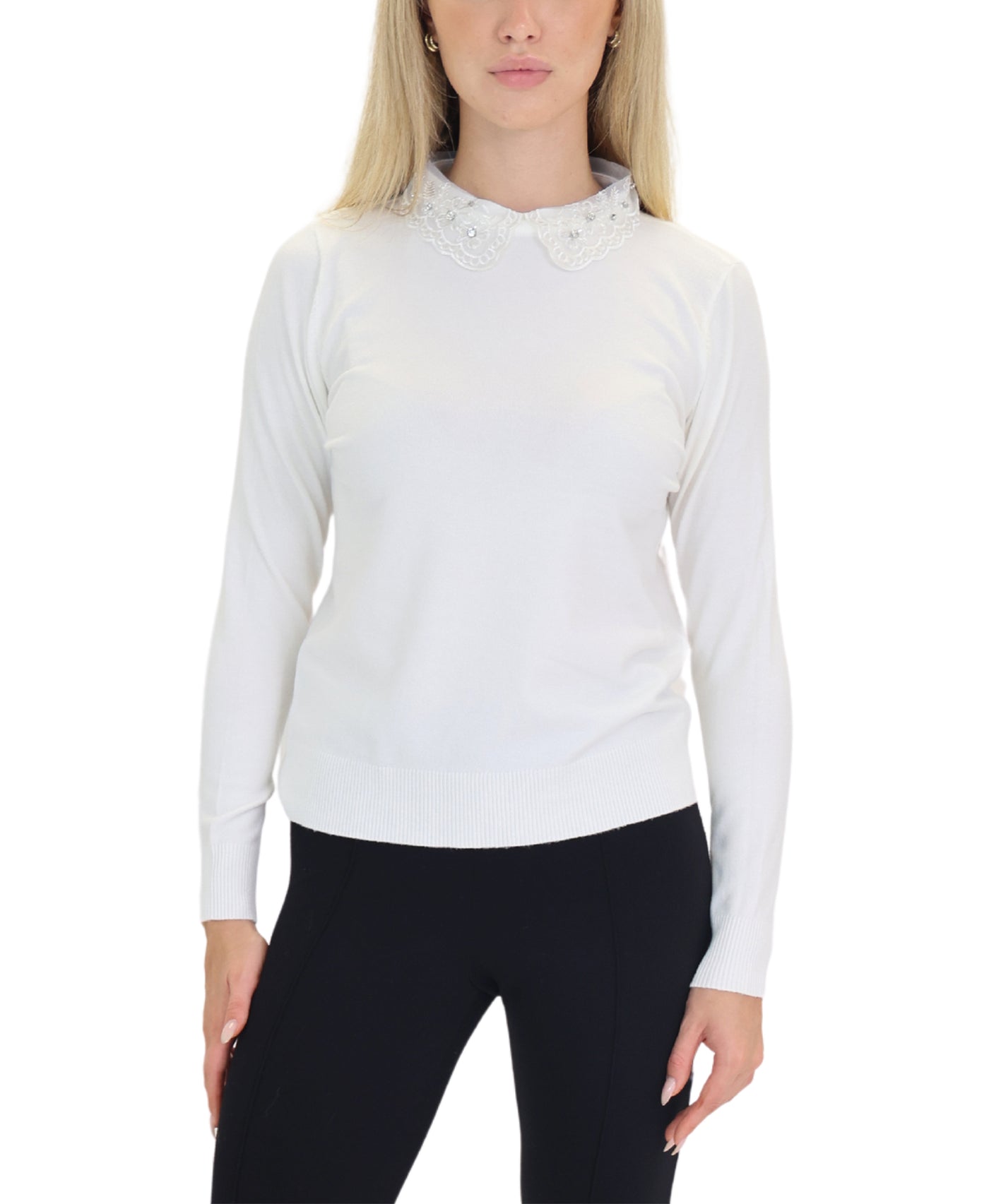 Knit Top w/ Embroidered Collar & Rhinestones view 1