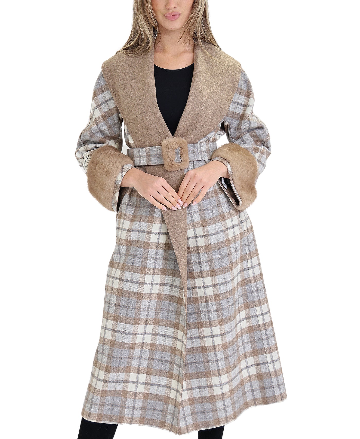 Cashmere Plaid Coat w/ Mink Trim view 1