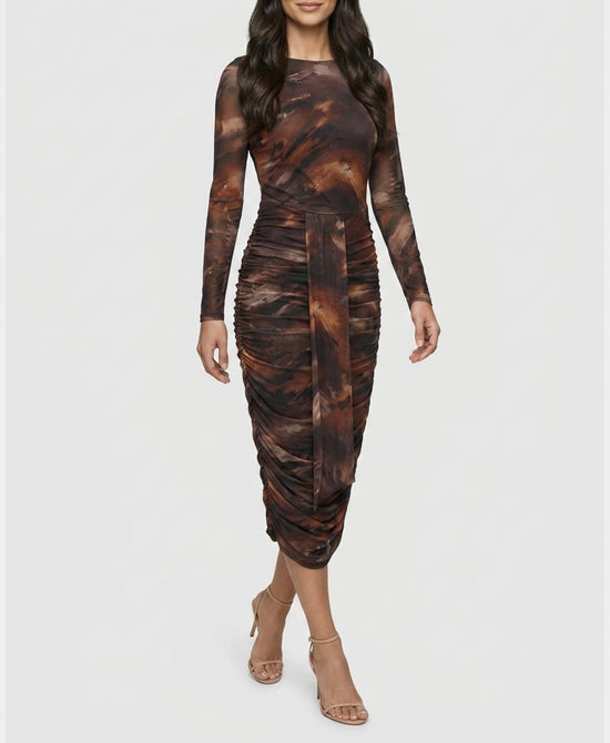 
Mesh Printed Midi Dress in BROWN MULTI view 1