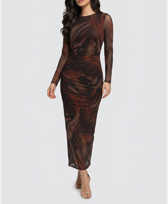 
Marble Print Mesh Maxi Dress in BROWN MULTI view 1
