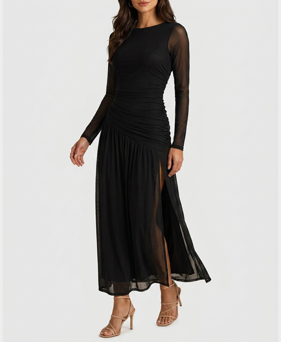 
Mesh Maxi Dress w/ Side Slit in BLACK view 1