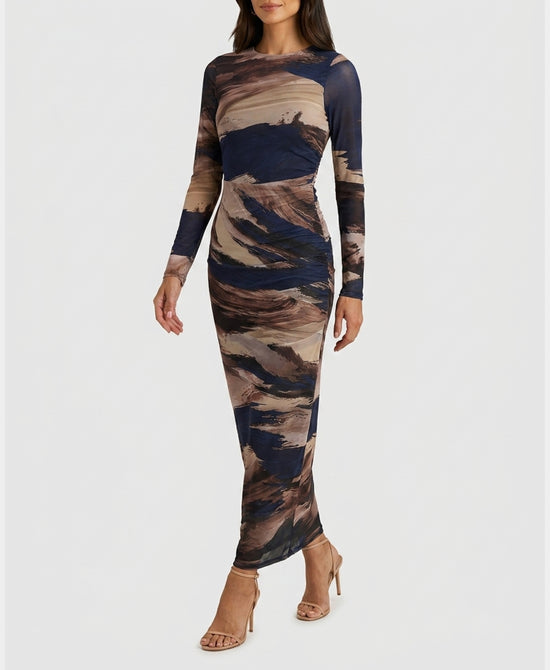 
Marble Print Mesh Maxi Dress in NAVY MULTI view 1