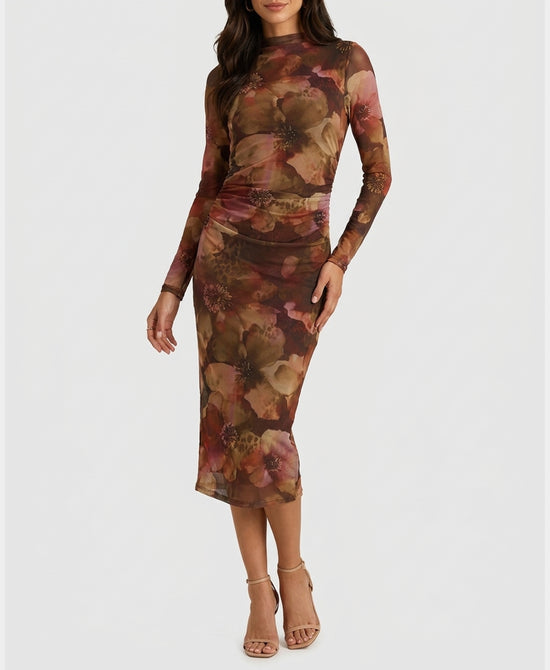 
Floral Print Mesh Maxi Dress in BROWN MULTI view 1