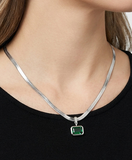 
14K Gold Plated Herringbone Pendant Necklace in SILVER/GREEN view 1