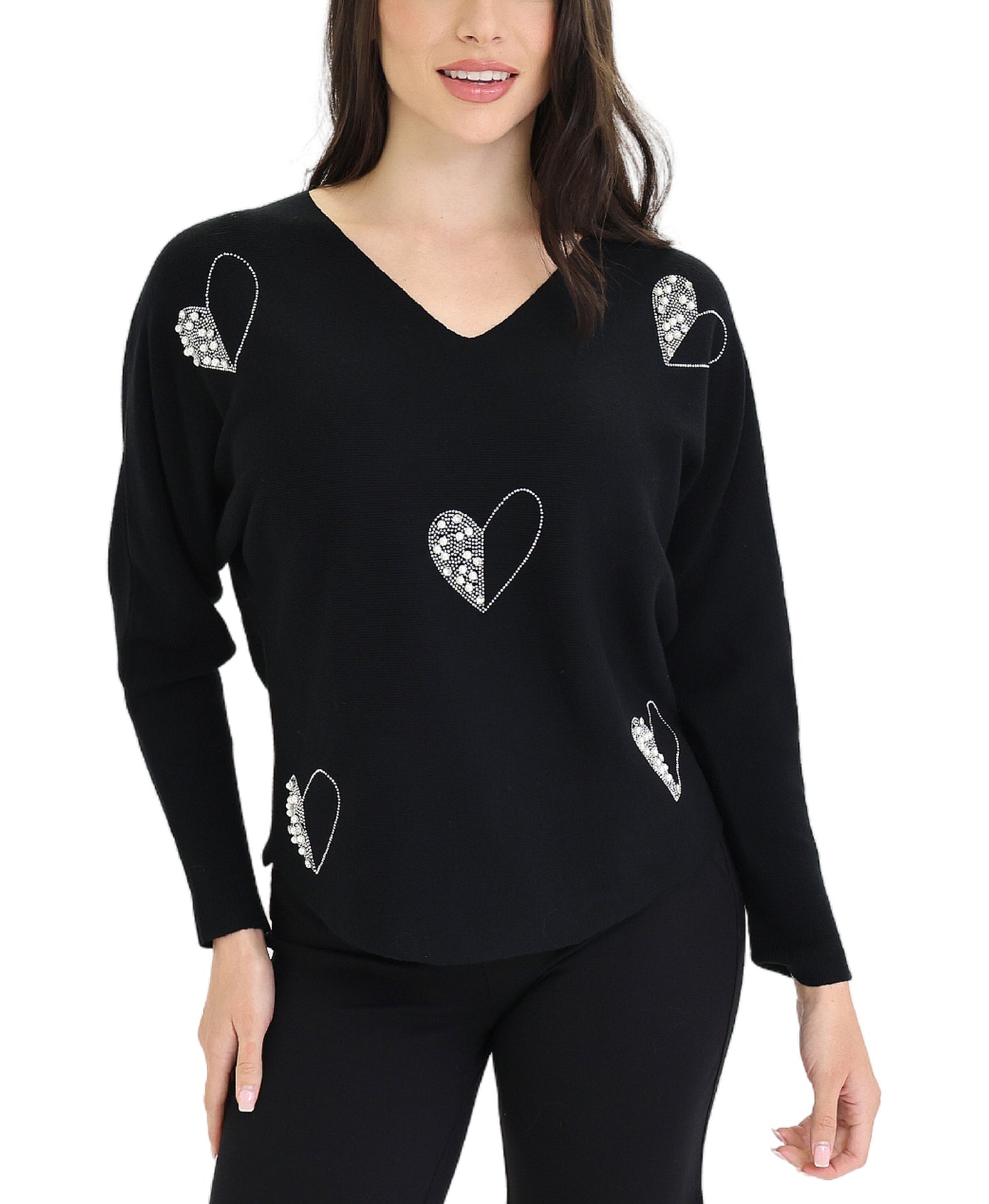 Sweater w/ Pearl & Crystal Hearts view 1