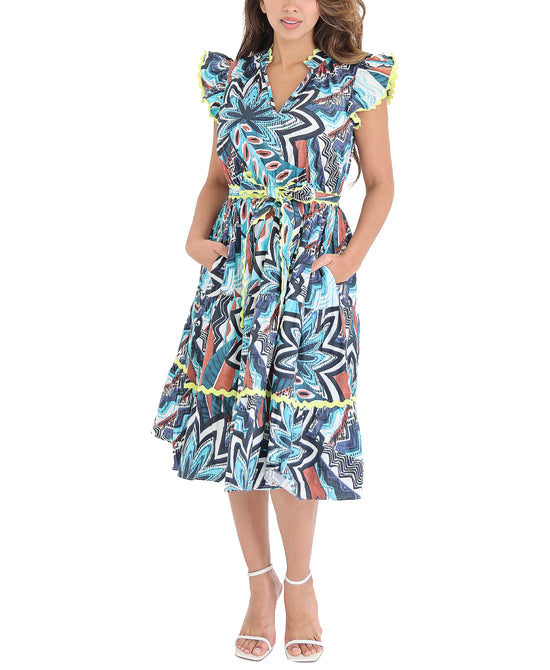 Printed Midi Dress w/ Puff Sleeves view 1