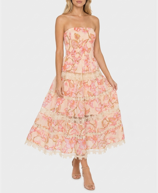 
Printed Strapless Dress w/ Crochet Trim in PINK MULTI view 1