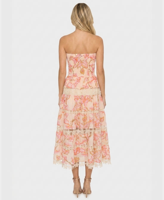 
Printed Strapless Dress w/ Crochet Trim in PINK MULTI view 2
