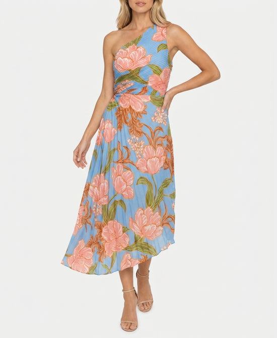 
Printed Asymmetrical Pleated Dress w/ Side Cut-Out in MULTI view 1
