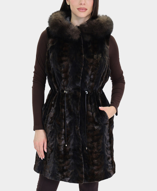 Mink Vest w/ Fox Fur Trim Hood view 