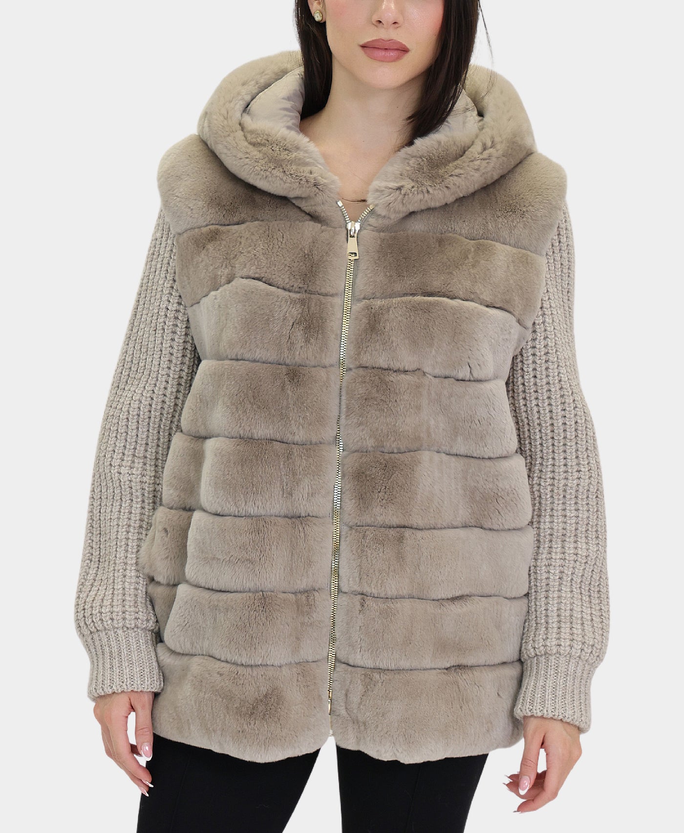 Fur & Knit Combo Jacket w/ Hood view 1