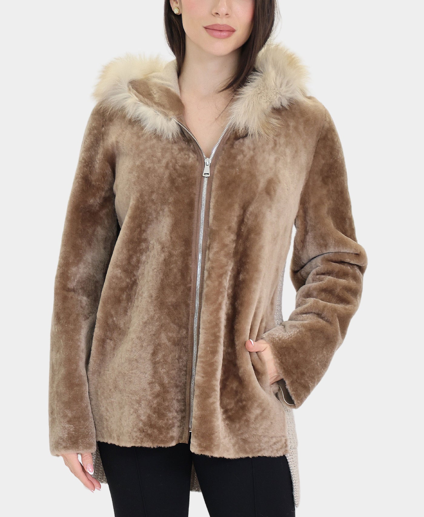 Shearling & Knit Combo Jacket w/ Fox Fur Trim Hood view 1