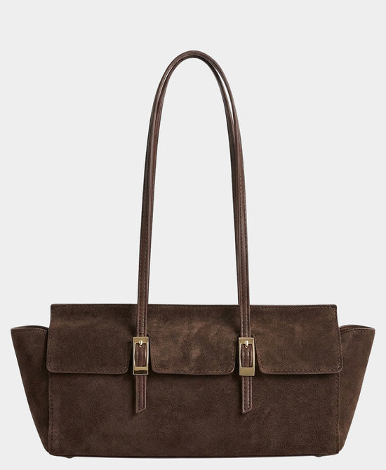 
Suede Double Buckle Shoulder Bag in DARK BROWN view 1