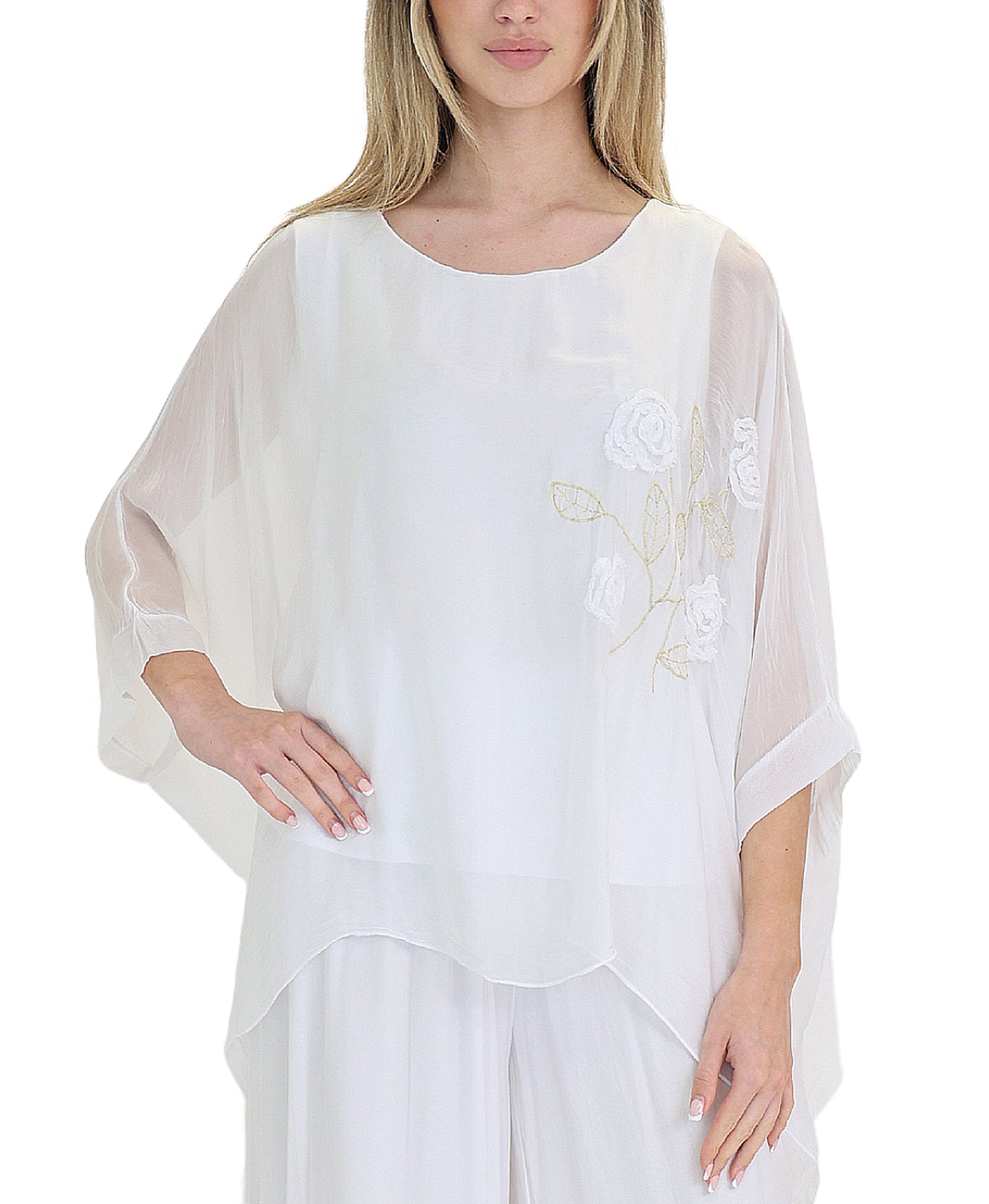 Silk Hanky Hem Top w/ Floral Embroidery view 1