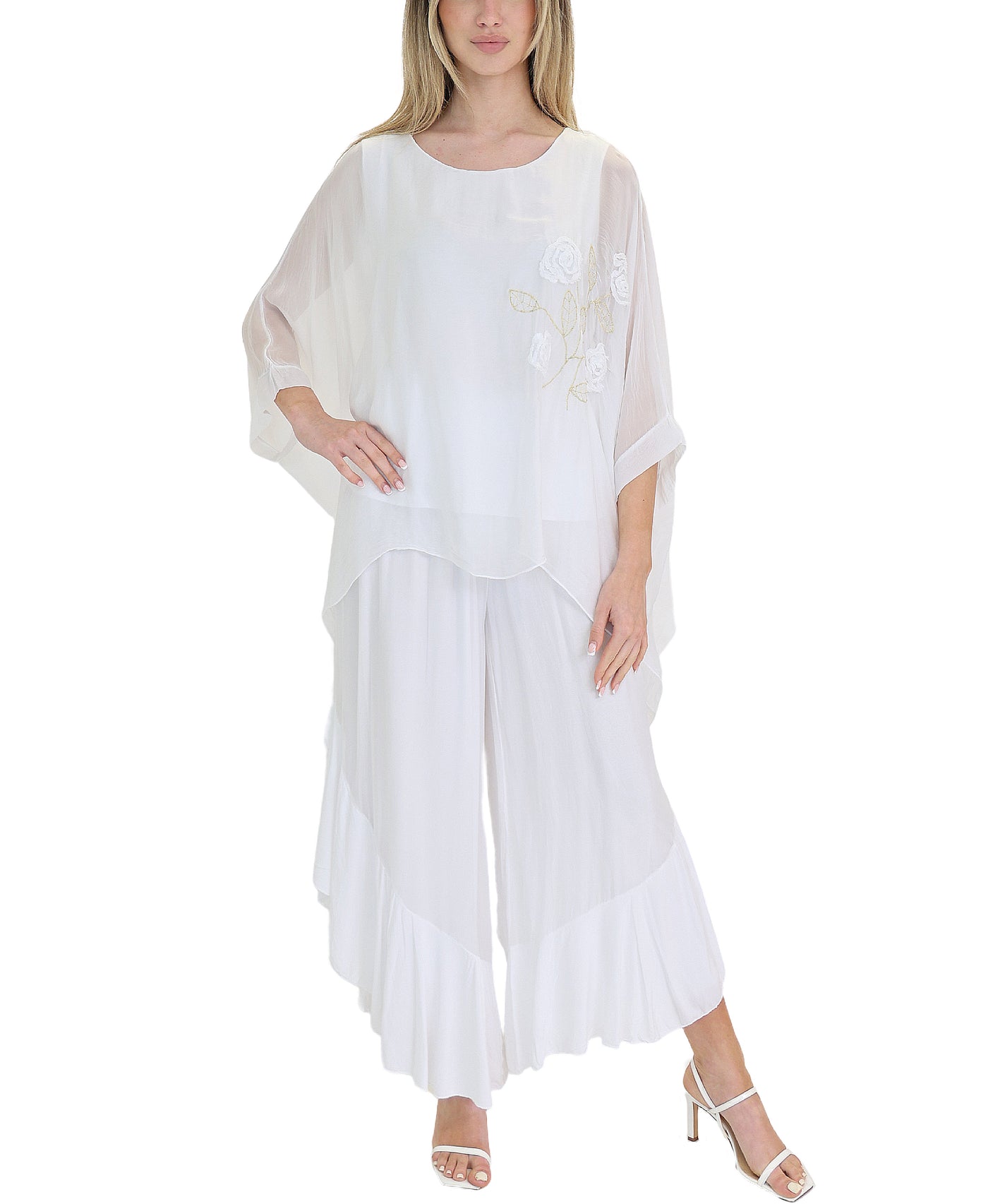 Silk Hanky Hem Top w/ Floral Embroidery view 2