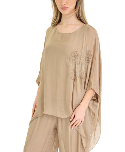 Silk Hanky Hem Top w/ Floral Embroidery