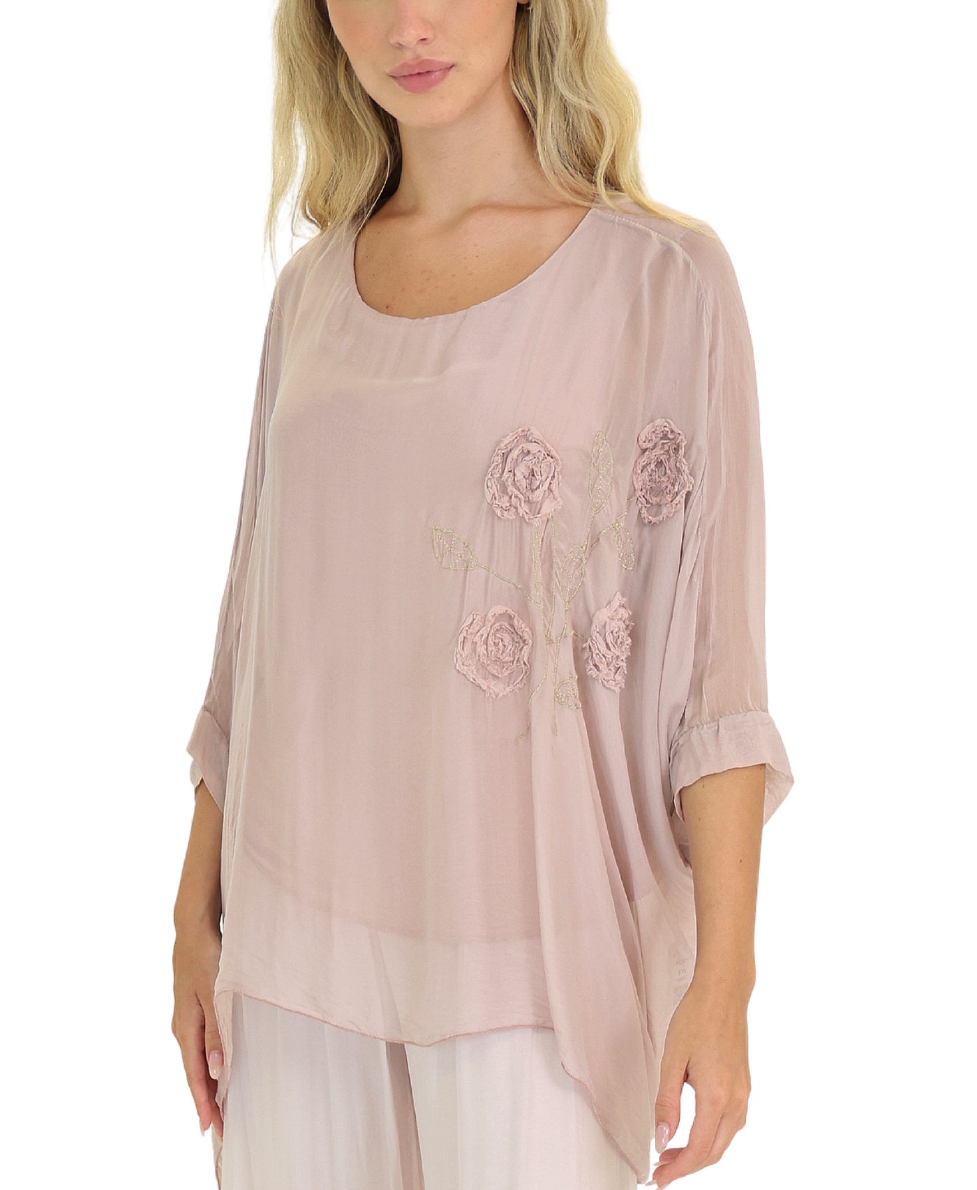 Silk Hanky Hem Top w/ Floral Embroidery view 1