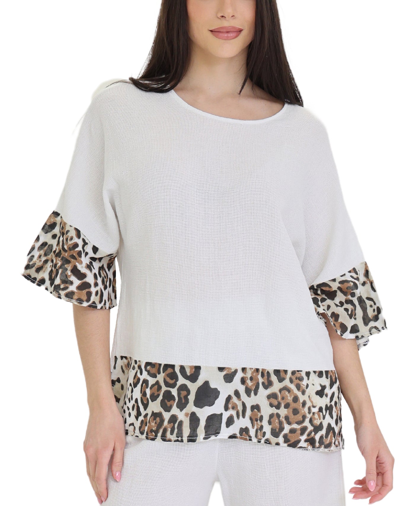 Linen & Cotton Top w/ Leopard Trim view 1