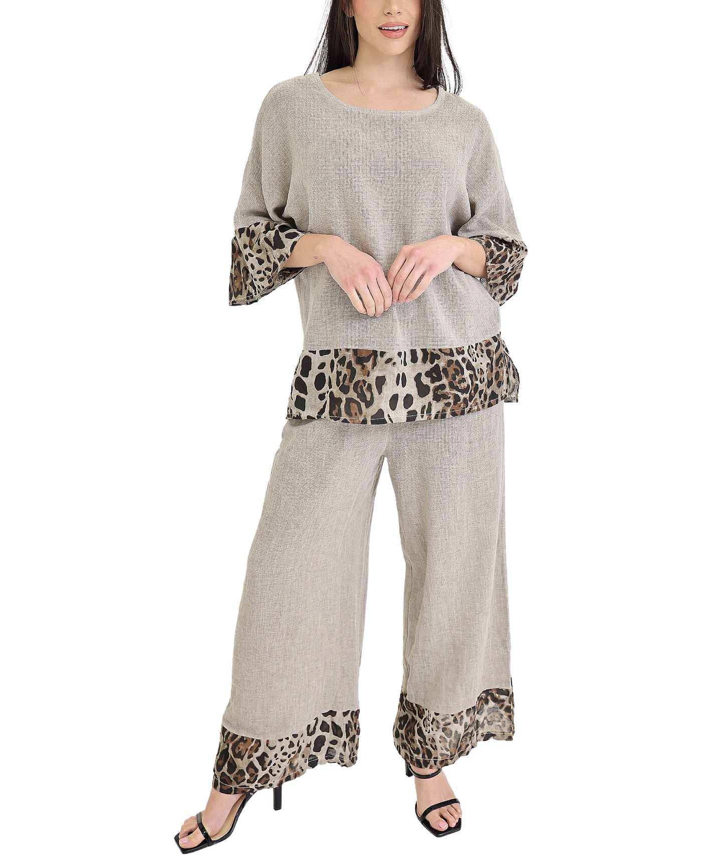 Linen & Cotton Top w/ Leopard Trim