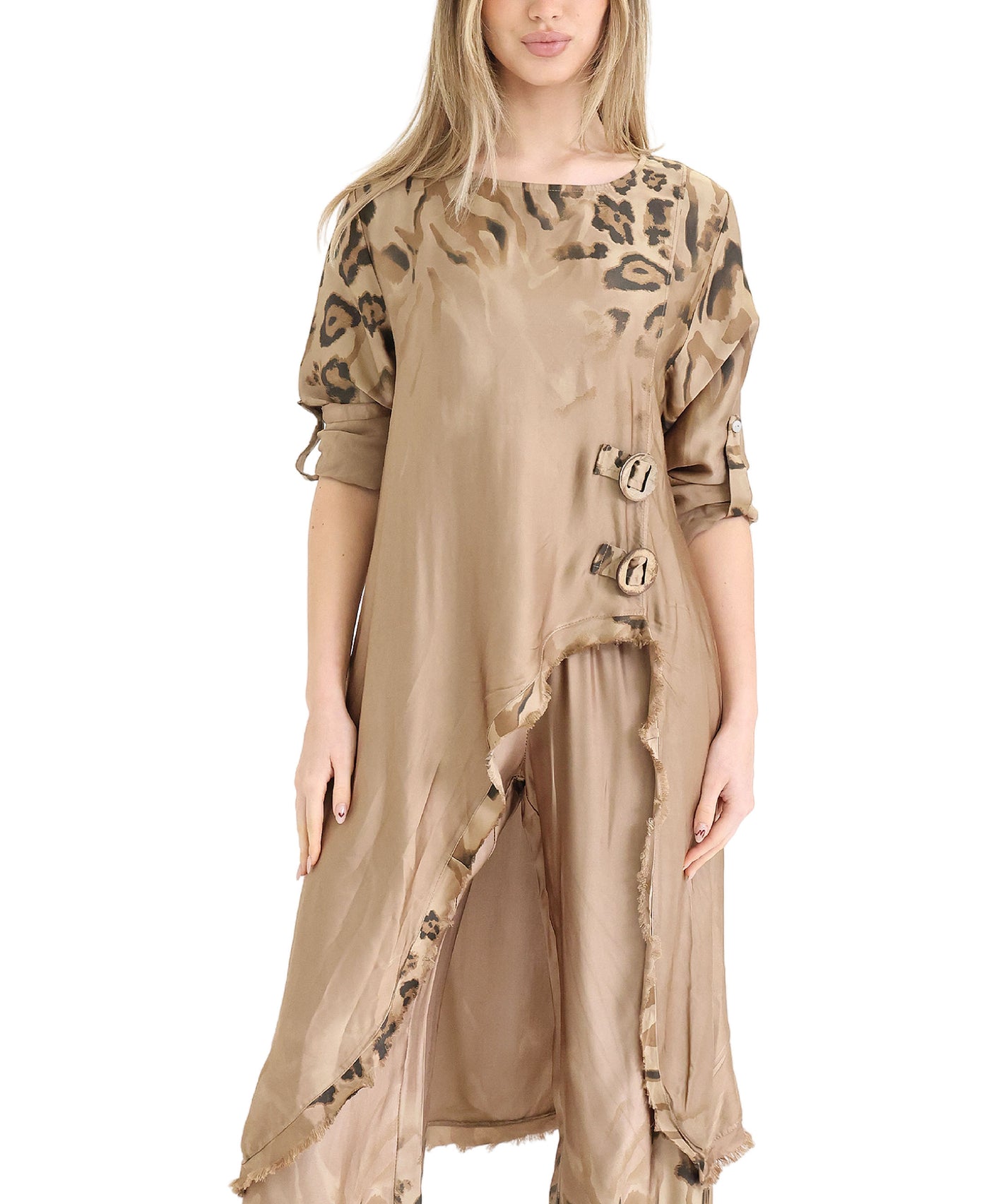 Satin Leopard Print Asymmetrical Tunic view 1