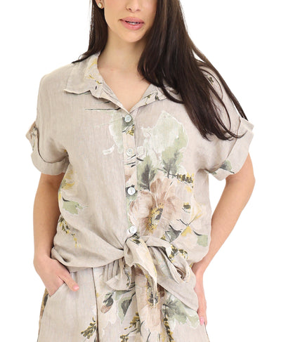 Linen Floral Tie Front Shirt image 1