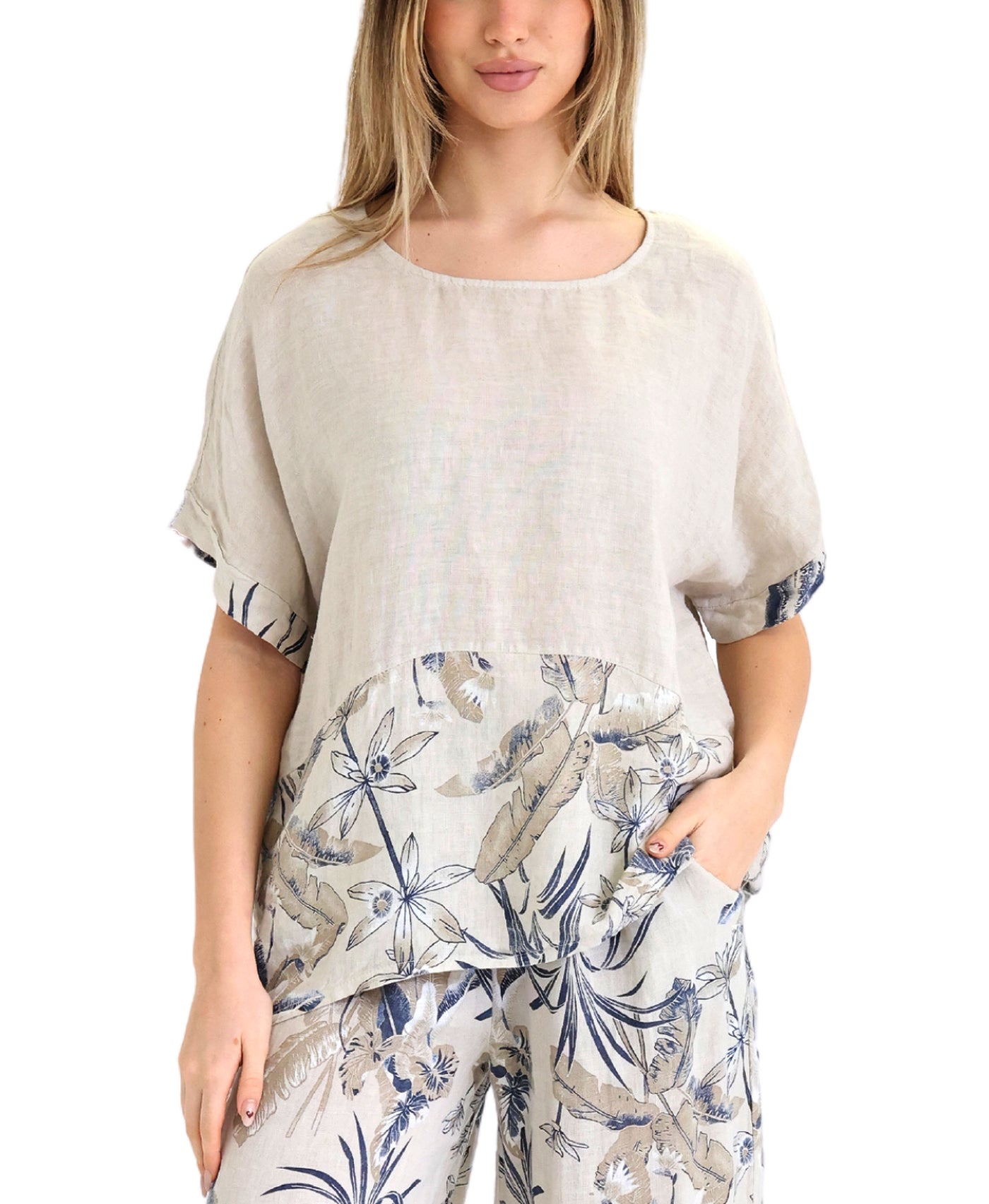 Linen Floral Trim Hi-Lo Top view 1