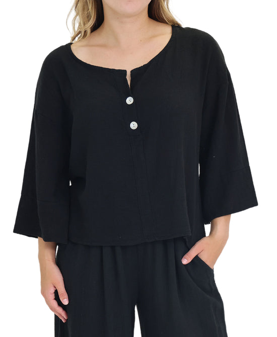 Linen & Cotton Blend Top w/ Buttons view 