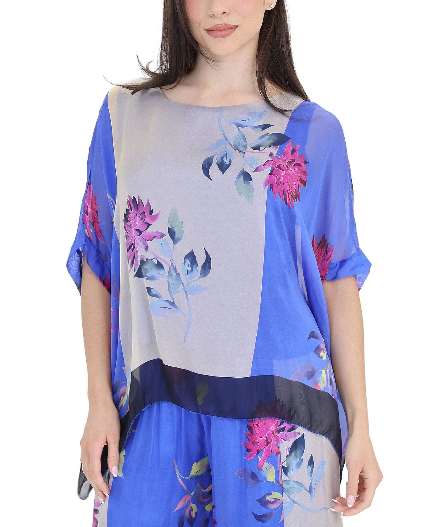 Asymmetrical Silk Floral Print Top view 1