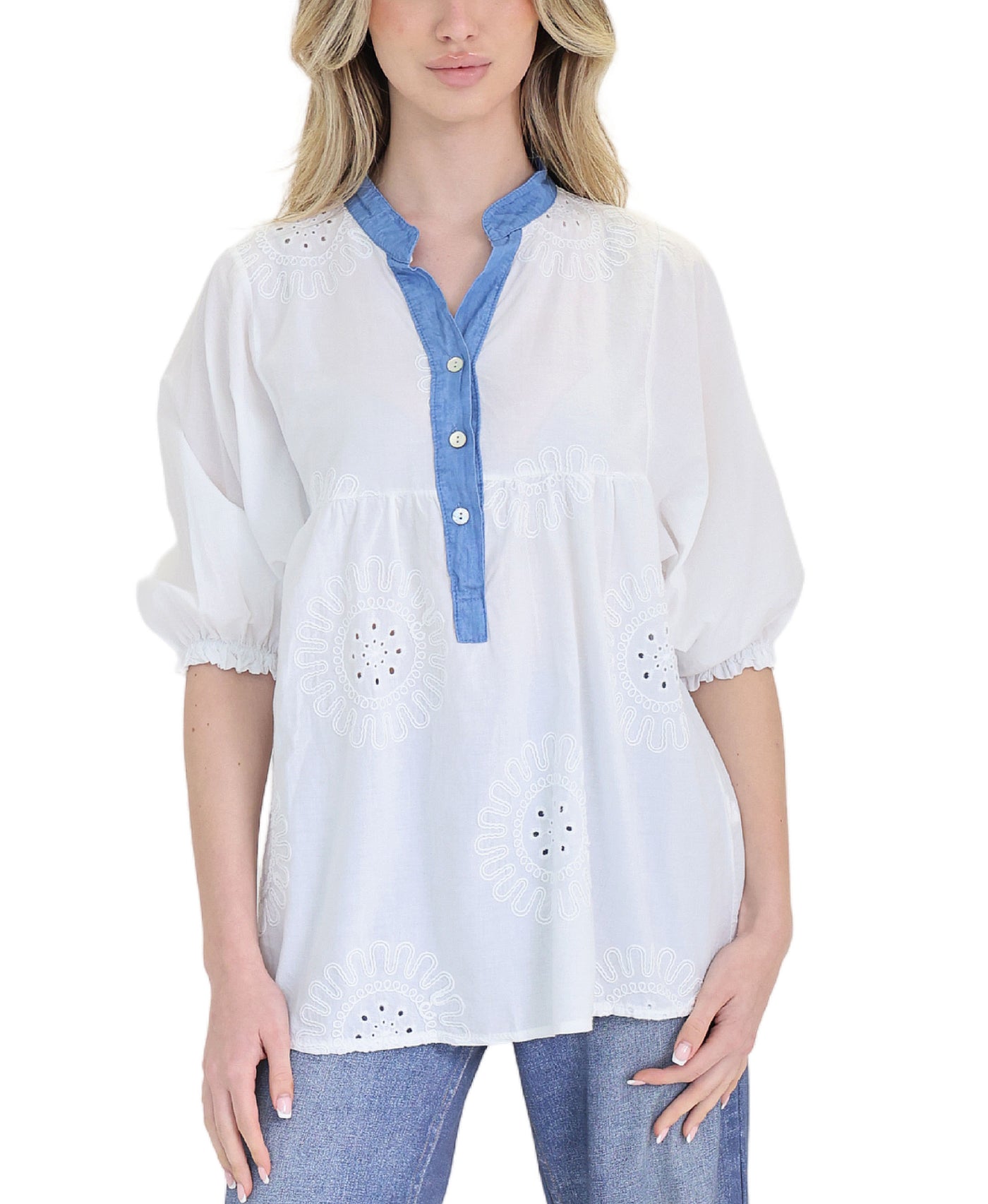 Embroidered Top w/ Denim Trim view 1