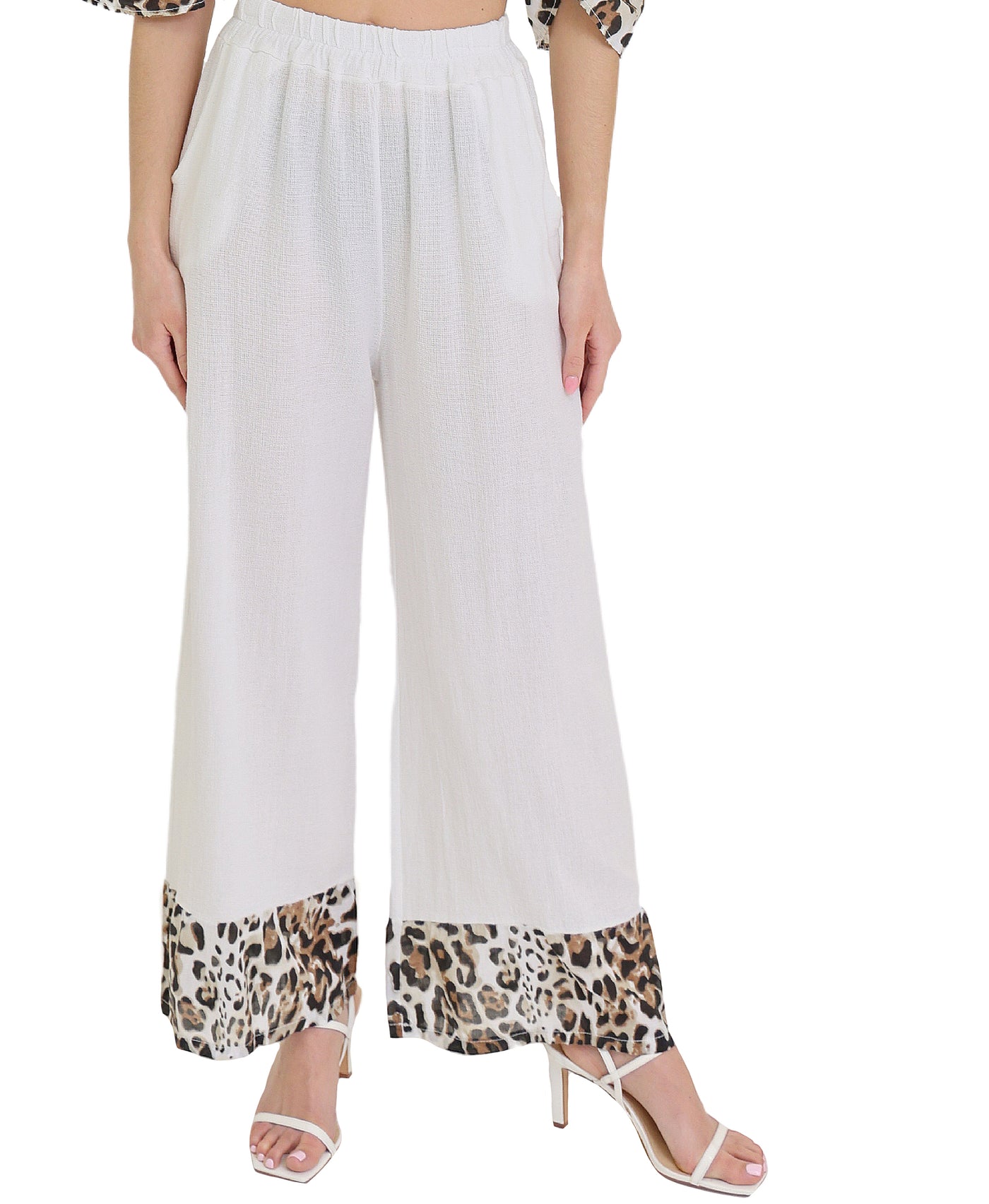 Linen & Cotton Pants w/ Leopard Trim