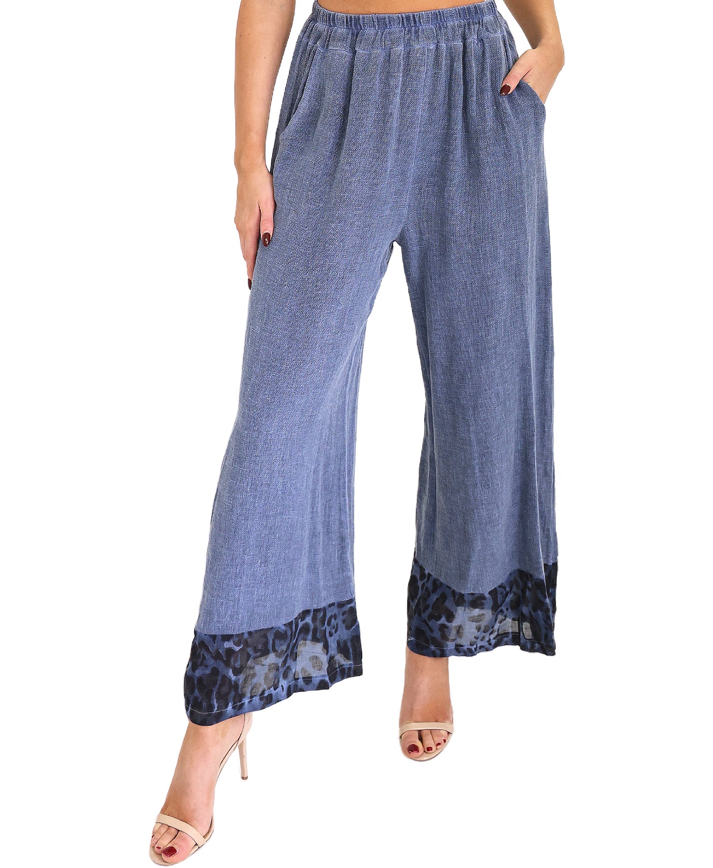 Linen & Cotton Pants w/ Leopard Trim view 1