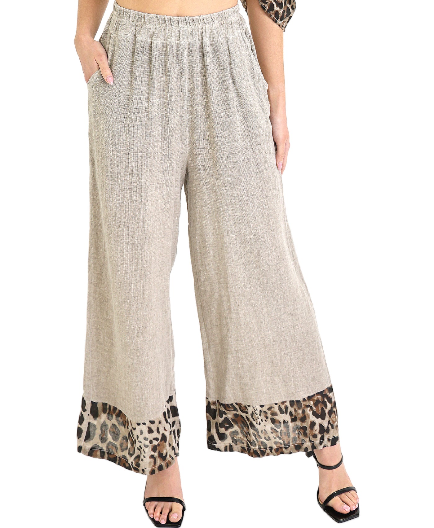 Linen & Cotton Pants w/ Leopard Trim view 1