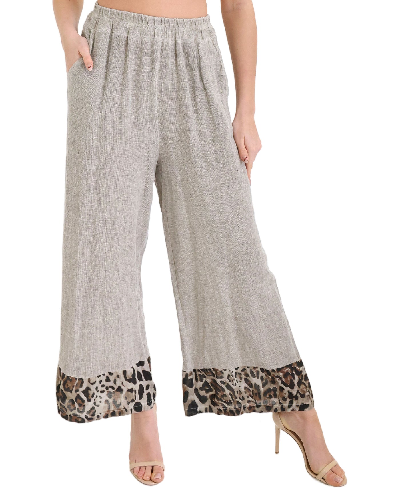 Linen & Cotton Pants w/ Leopard Trim view 1