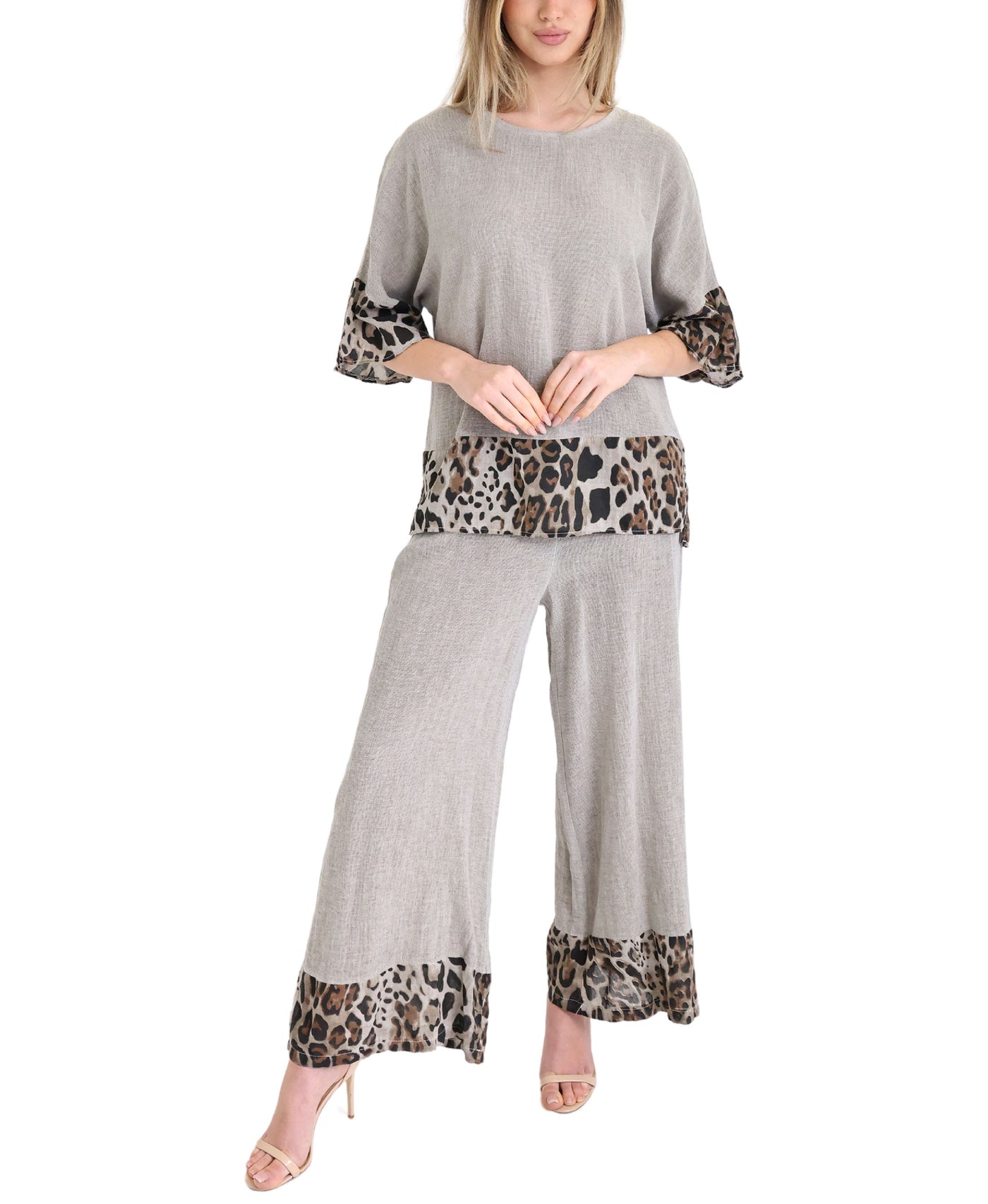 Linen & Cotton Pants w/ Leopard Trim view 2