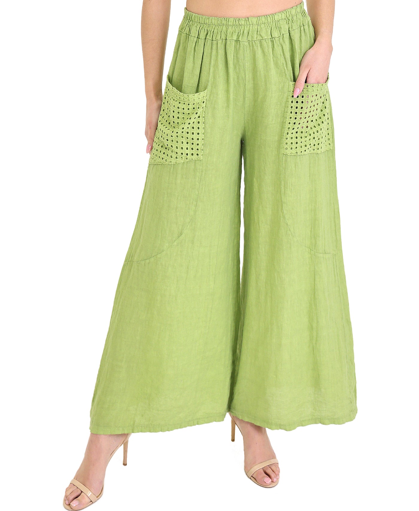 Linen Wide Leg Pants w/ Eyelet Pockets