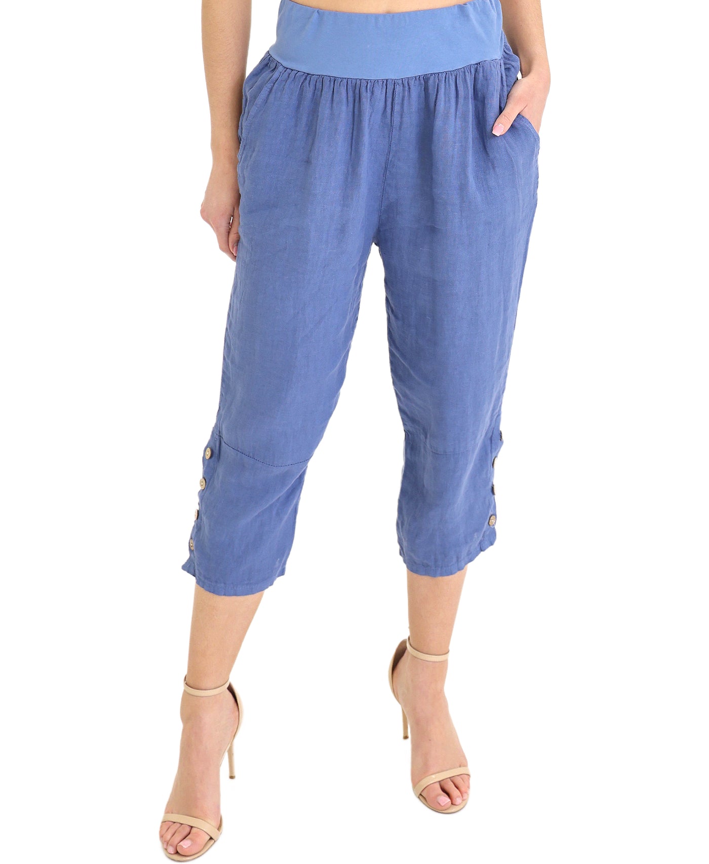 Linen Crop Pants w/ Button Accents view 1