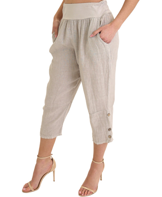 Linen Crop Pants w/ Button Accents view 