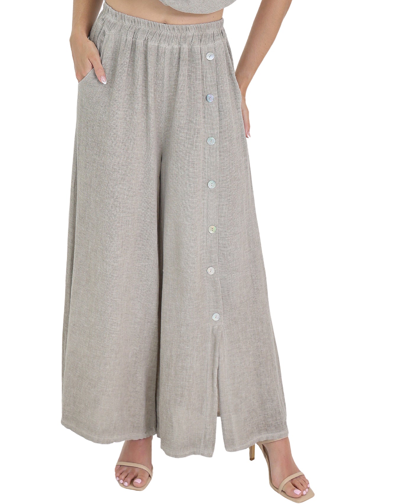 Linen & Cotton Pants w/ Button Detail view 1