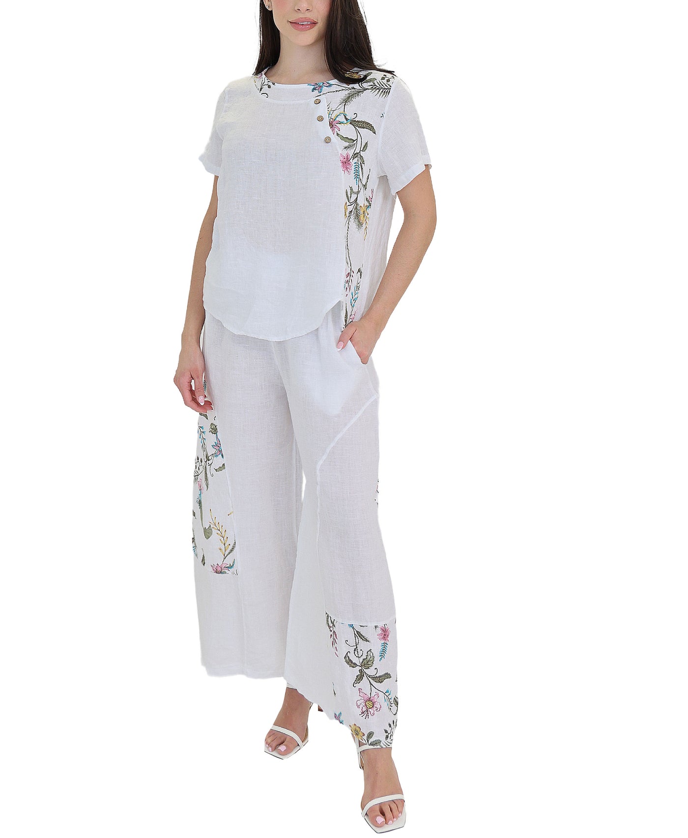 Linen Pants w/ Floral Print Accents view 2