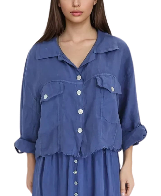 Linen Crop Shirt w/ Frayed Trim view 