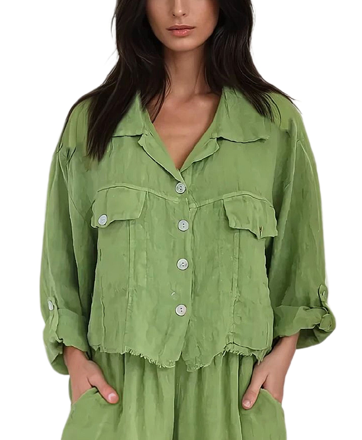 Linen Crop Shirt w/ Frayed Trim view 1