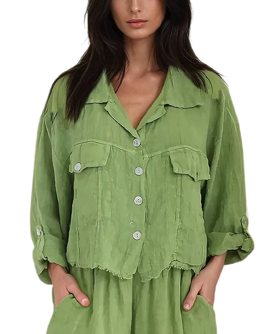 Linen Crop Shirt w/ Frayed Trim view 