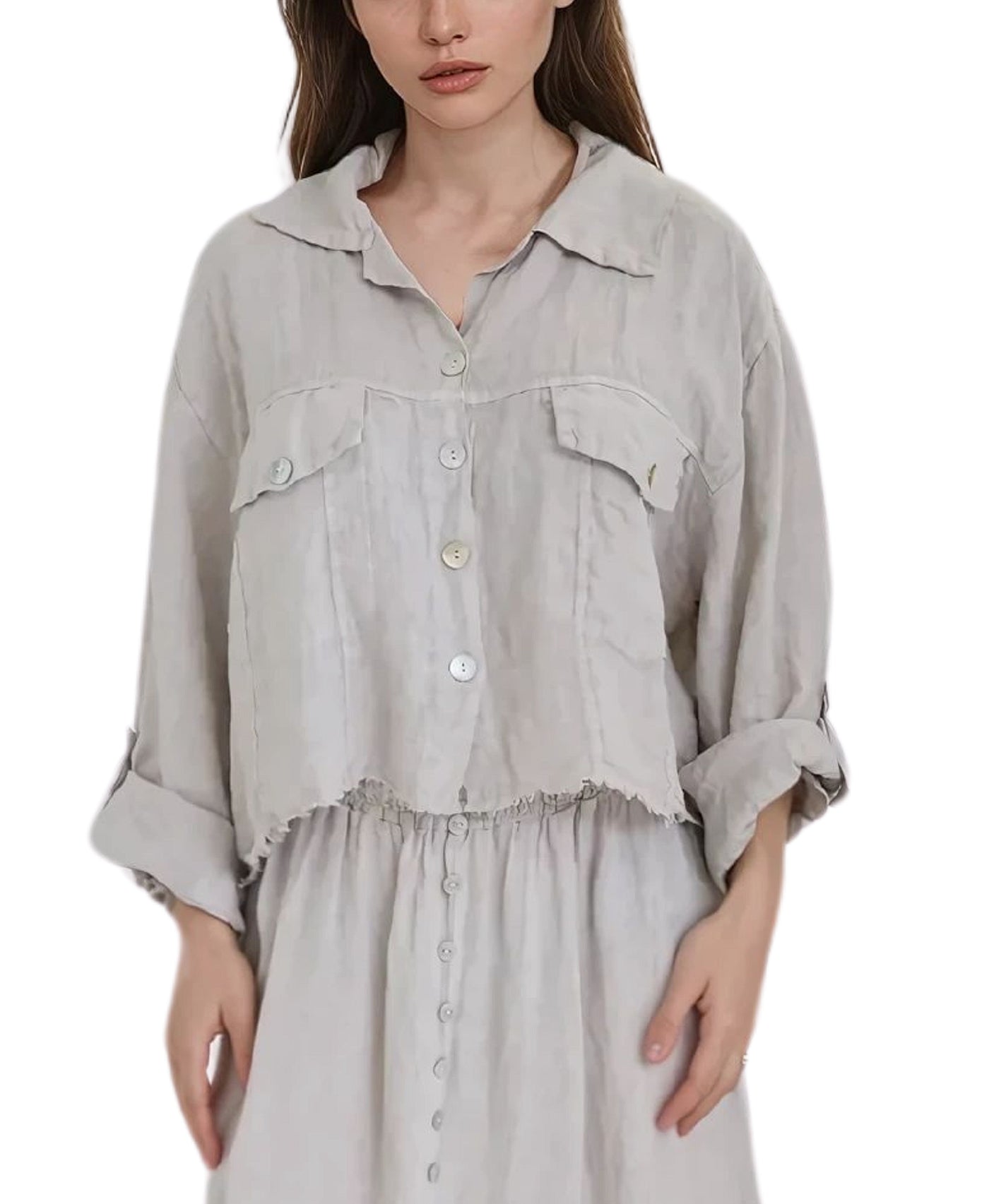 Linen Crop Shirt w/ Frayed Trim view 1