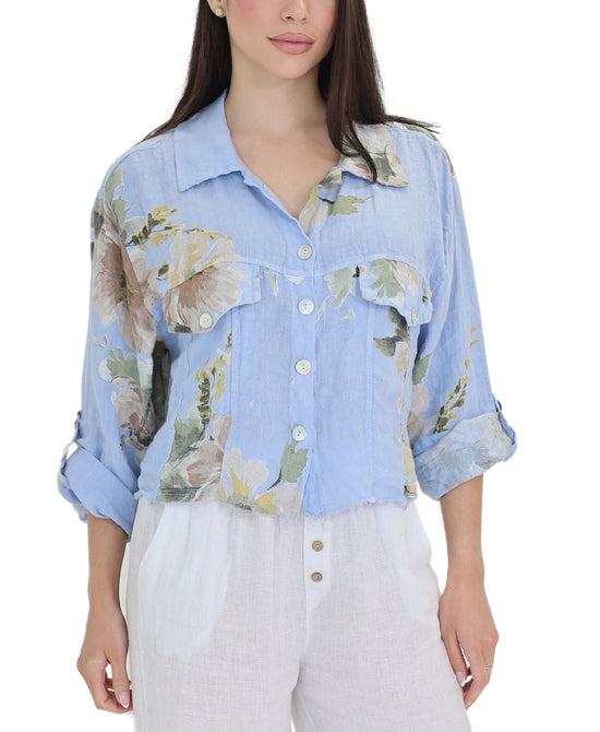 Floral Print Crop Shirt w/ Frayed Trim view 