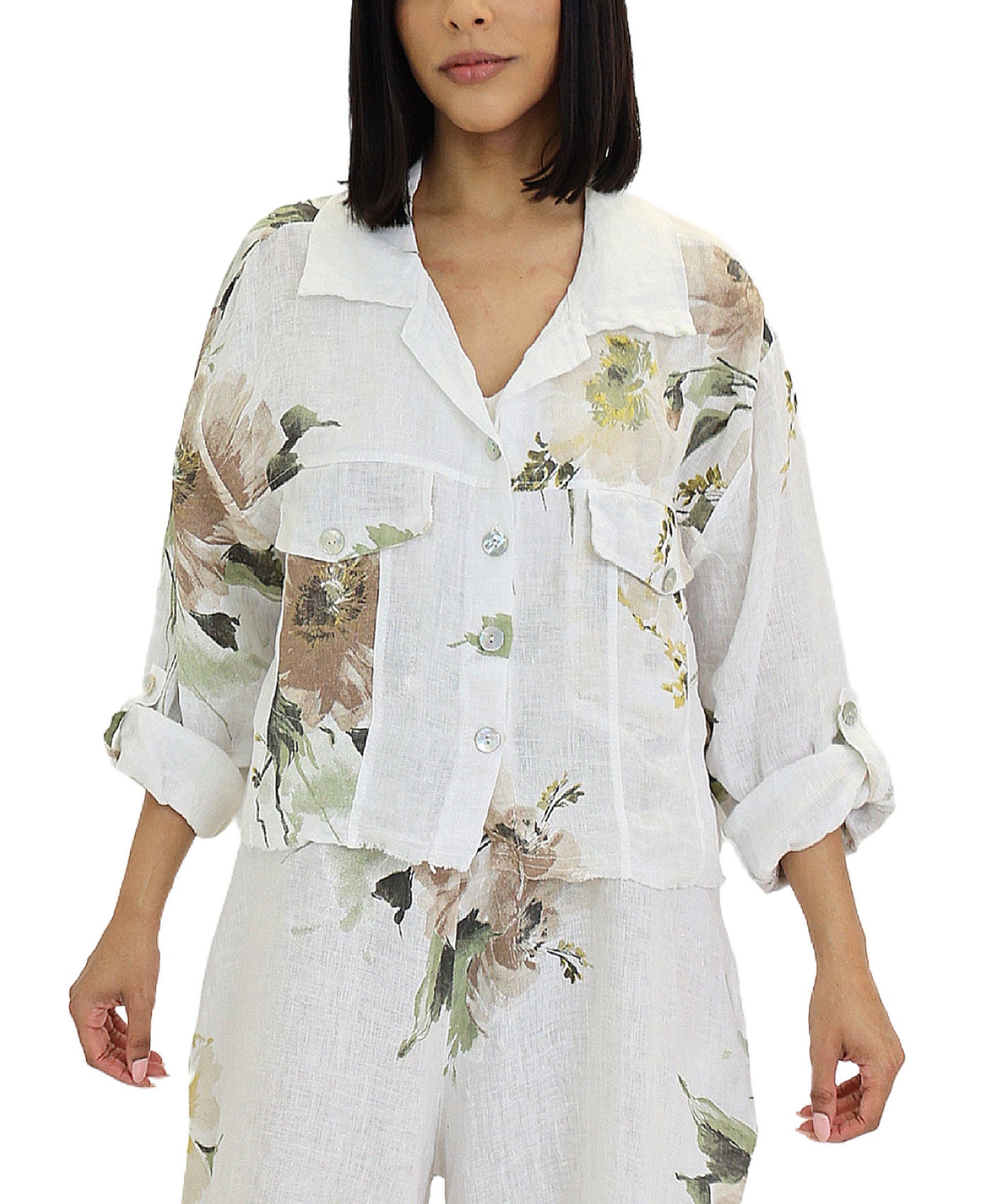 Floral Print Crop Shirt w/ Frayed Trim view 1