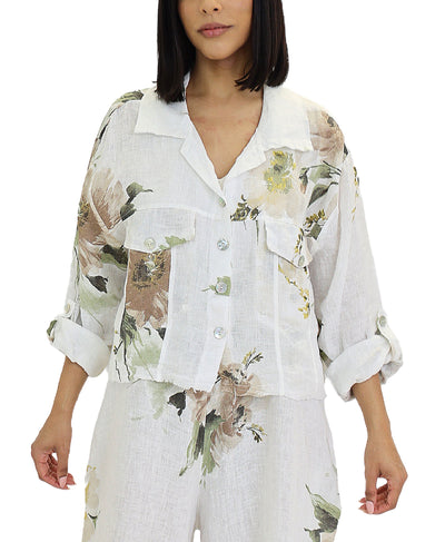 Floral Print Crop Shirt w/ Frayed Trim image 1