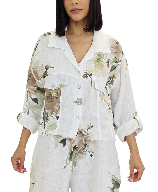 Floral Print Crop Shirt w/ Frayed Trim view 