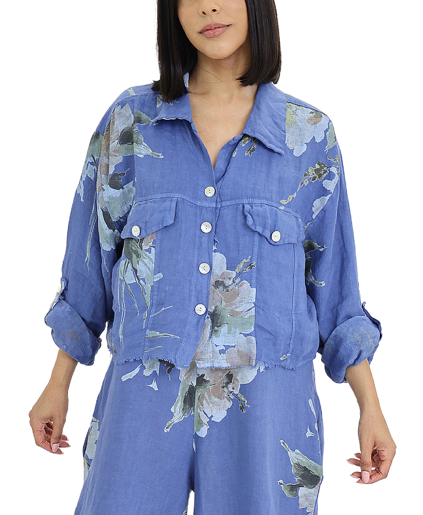 Floral Print Crop Shirt w/ Frayed Trim view 1