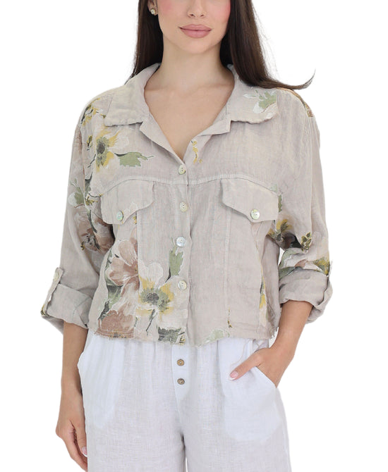 Floral Print Crop Shirt w/ Frayed Trim view 
